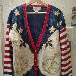 Blue and Red Cardigan Sweater with Gold Star Embroidery vintage rare nautical